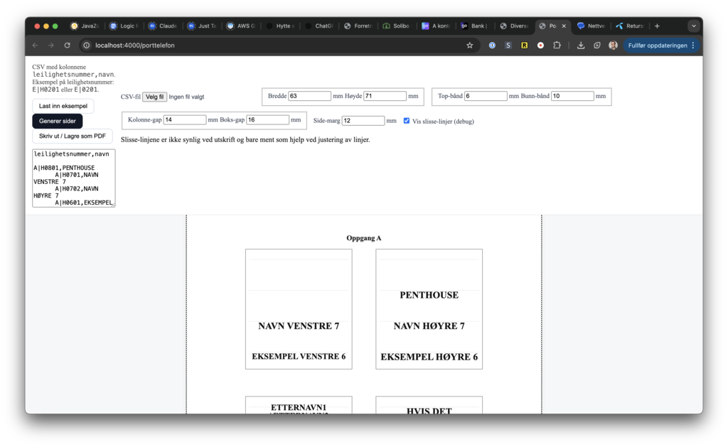 eksempel på utskrift av tavlen til porttelefon